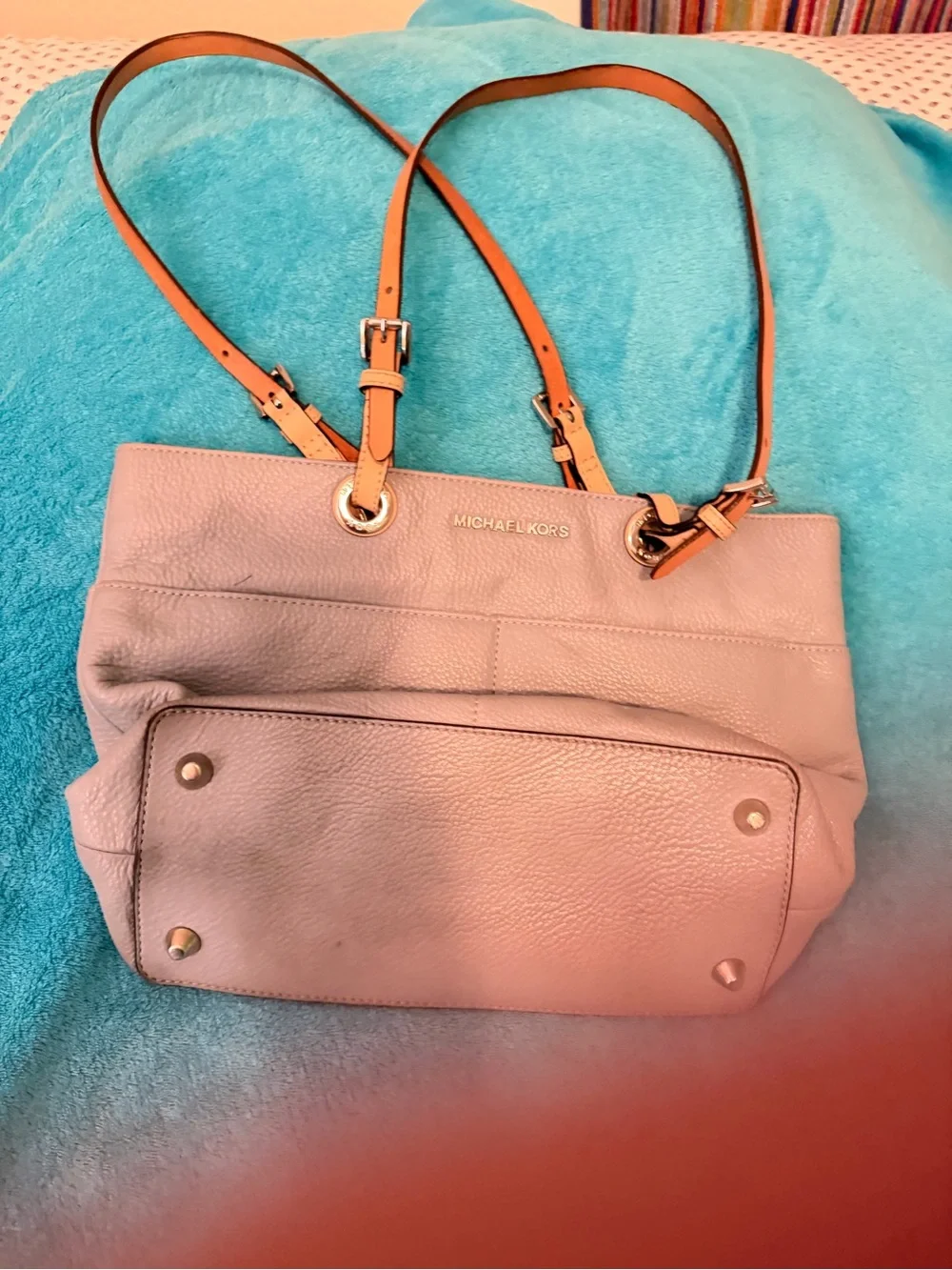 Michael Kors Pebbled Leather Tote in Light blue  with Tan Straps